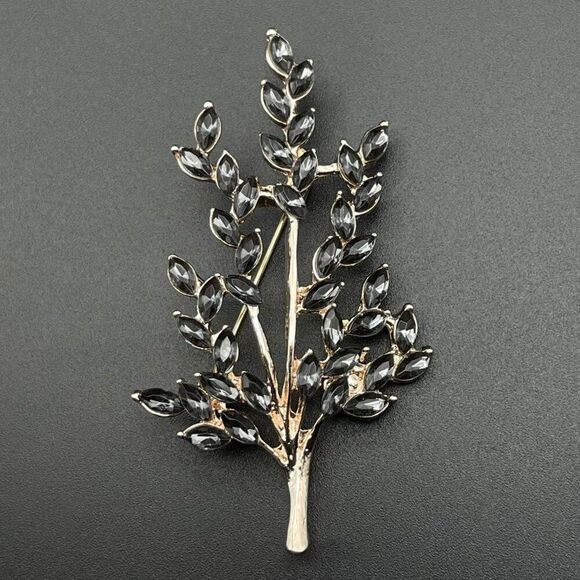 Rose Gold with Charcoal Grey Crystal Tree Branch with Leaves Pin Back Brooch - Picture 1 of 9